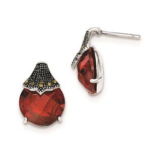 925 Sterling Silver Polished with Garnet CZ and Marcasite Post Earrings